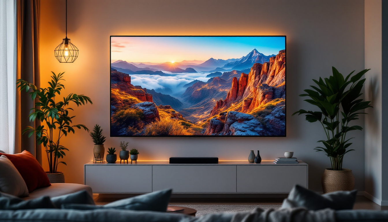 A photograph of a modern living room setting featuring a sleek led television prominently displayed on a wall or stand