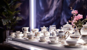 A photograph of a beautifully arranged fine china display on an elegant led display stand
