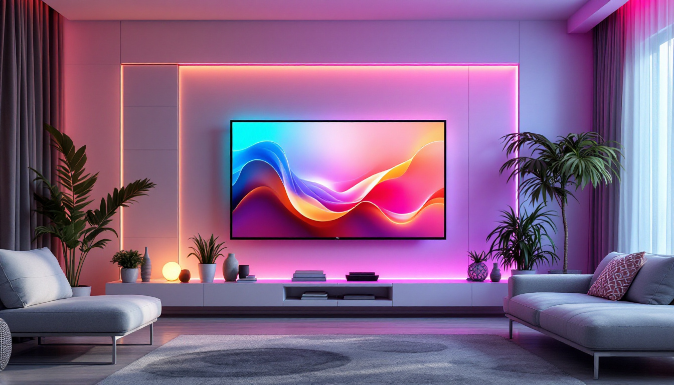 A photograph of a stylish living room featuring a modern tv background wall design with an integrated led display