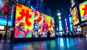 A photograph of a vibrant led display in a bustling urban environment