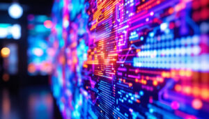 A photograph of a vibrant led display showcasing a dynamic digital art piece