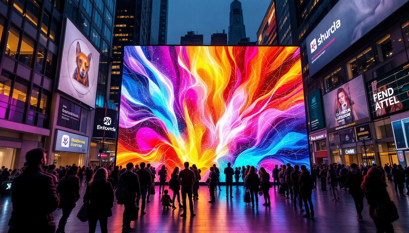 A photograph of a vibrant led display in a bustling urban environment