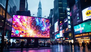 A photograph of a vibrant led display in a bustling urban environment