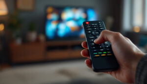 A photograph of a close-up of a dtv remote control with its led display illuminated