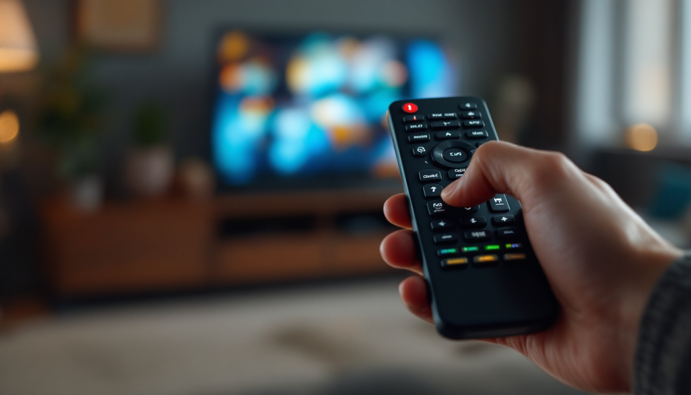 A photograph of a close-up of a dtv remote control with its led display illuminated