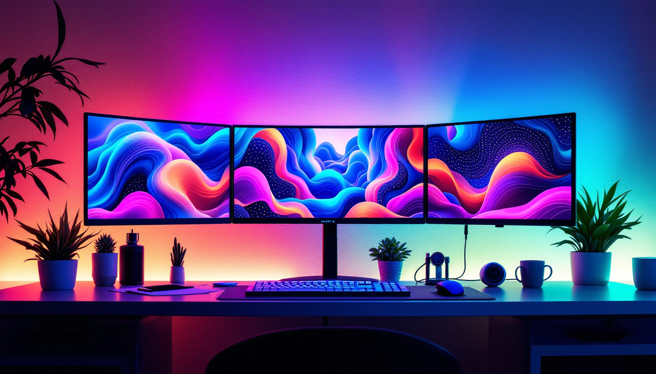 A photograph of a vibrant and visually striking multi-monitor setup showcasing a seamless