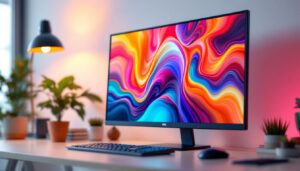 A photograph of a sleek lcd panel monitor displaying vibrant colors and sharp images