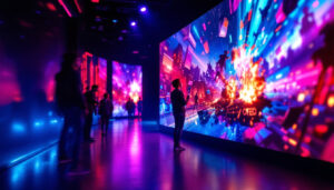 A photograph of a vibrant led display showcasing a dynamic movie scene at the slp movie theater