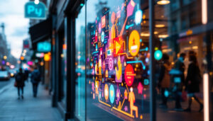 A photograph of a vibrant shop window featuring an eye-catching led display showcasing dynamic visuals and engaging content