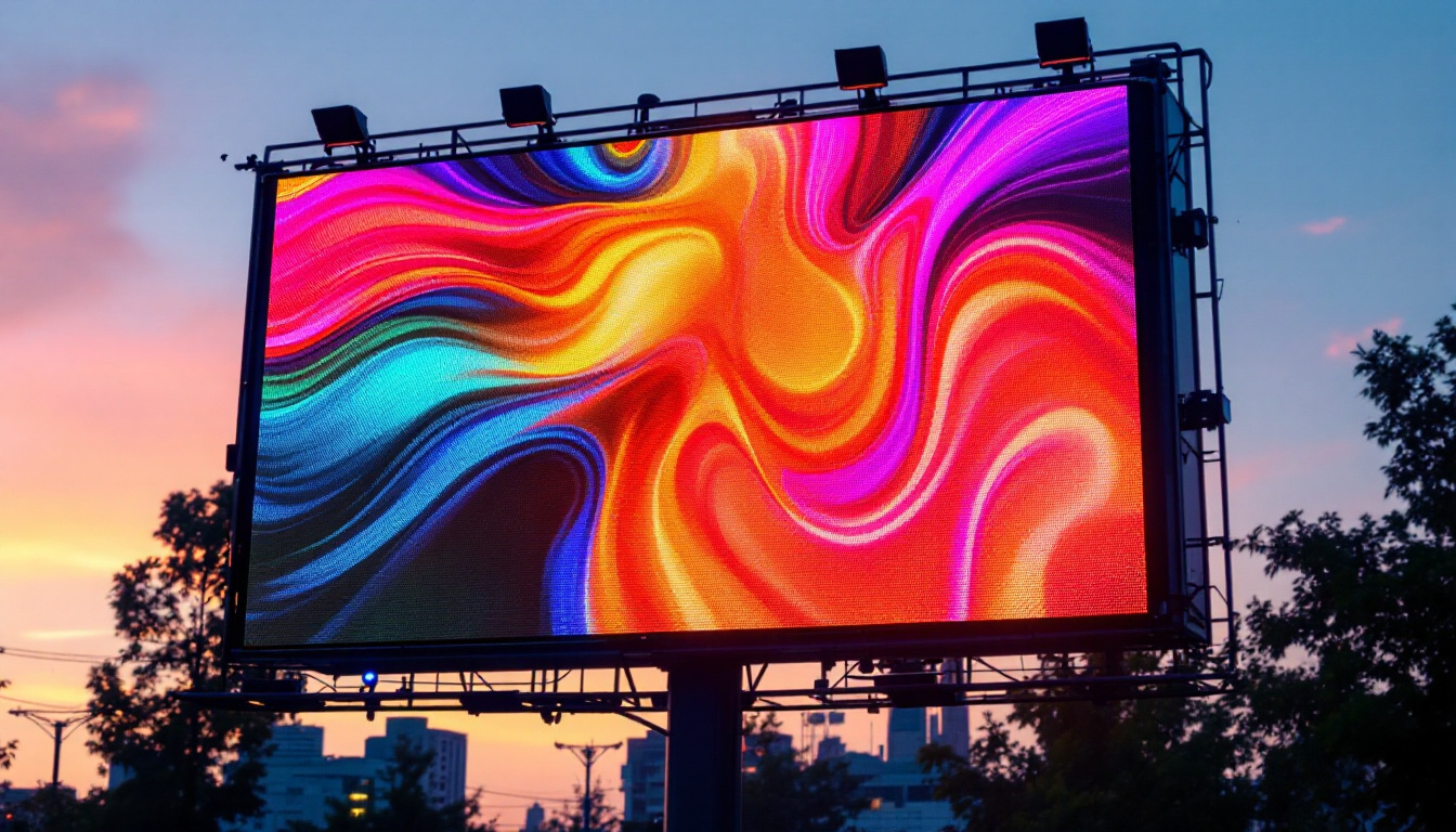 A photograph of a vibrant led display showcasing dynamic graphics and text in an outdoor setting