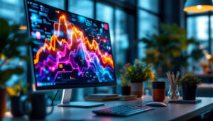A photograph of a sleek touchscreen monitor displaying vibrant led graphics in a modern workspace