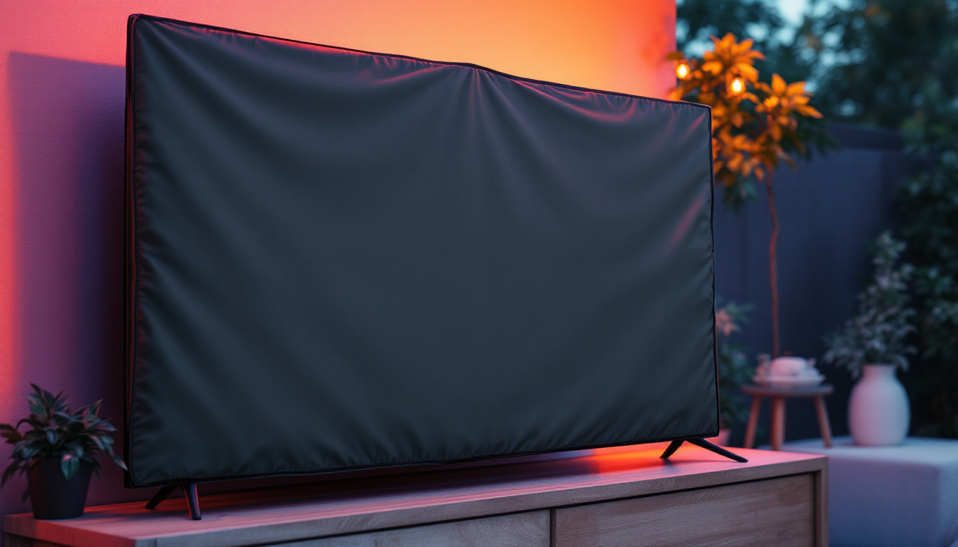 A photograph of a stylish outdoor tv with a weatherproof cover in a vibrant backyard setting