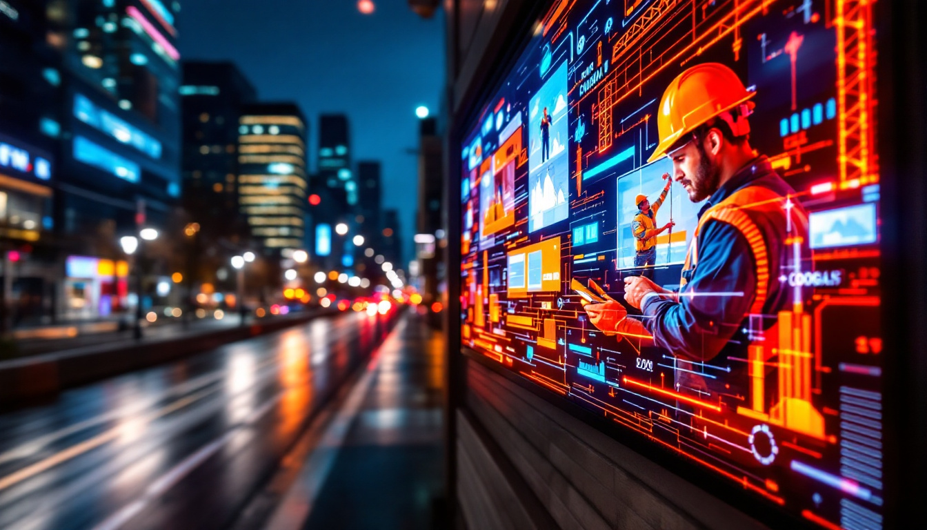 A photograph of a vibrant led display showcasing construction or contractor-related visuals
