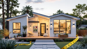 A photograph of a modern manufactured home showcasing its exterior and interior layout