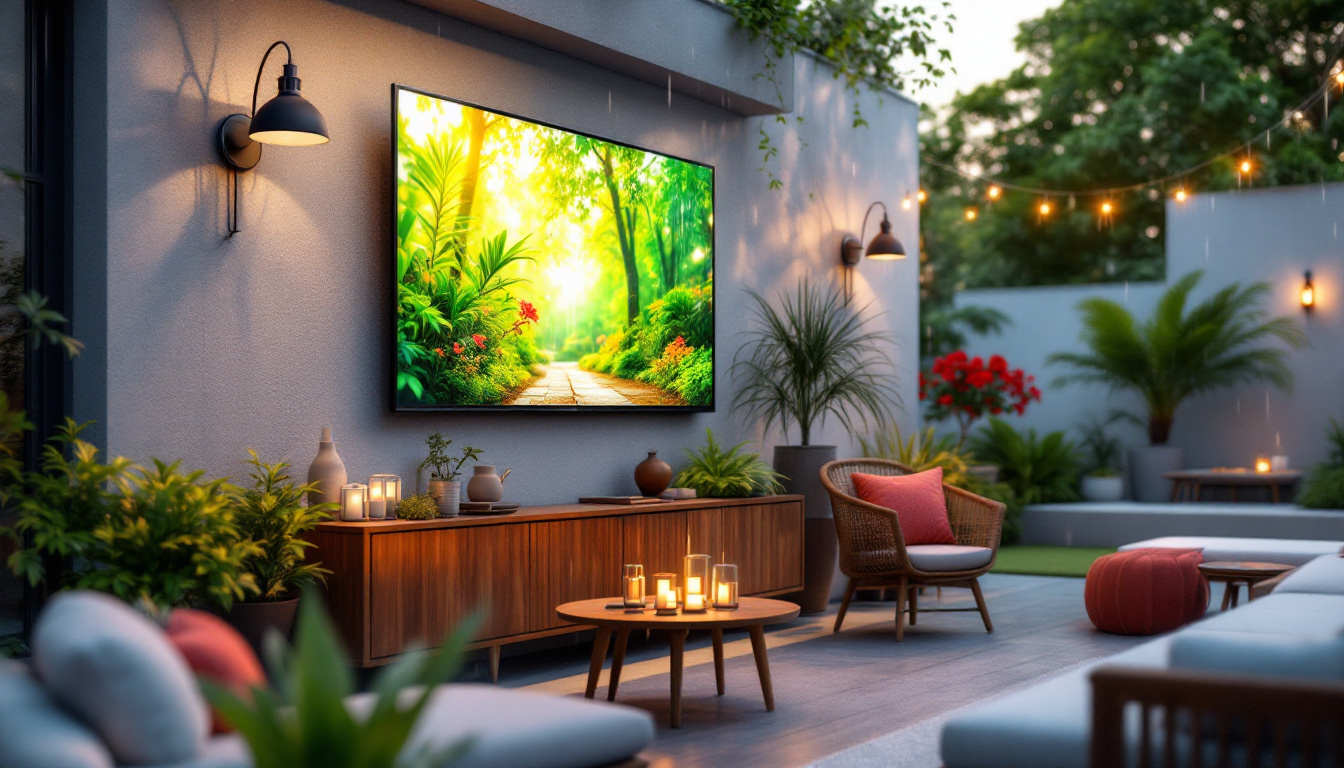 A photograph of a vibrant outdoor setting featuring a weatherproof led tv mounted in a stylish patio or backyard environment