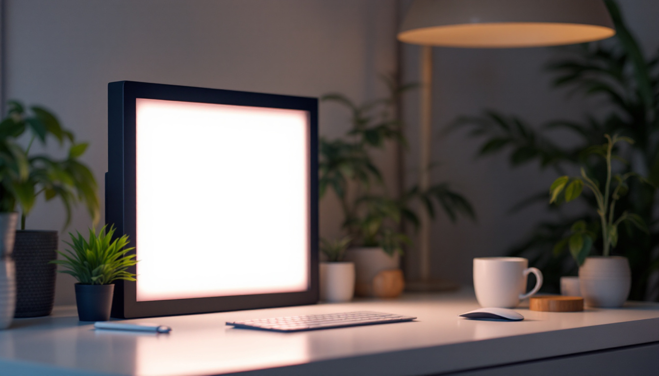 A photograph of a modern 2x2 panel led light in a well-lit environment
