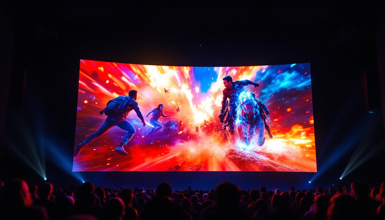 A photograph of a vibrant led movie screen showcasing a dynamic scene from a popular film