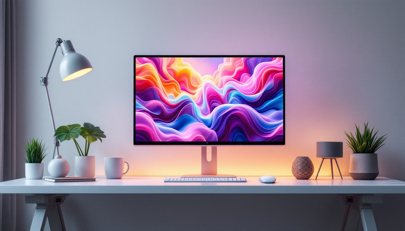 A photograph of a sleek white 24-inch led computer monitor displaying vibrant