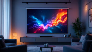 A photograph of a sleek motorized projection screen in a modern home or office setting