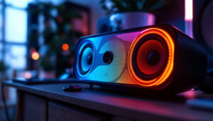 A photograph of capture a photograph of a sleek lcd sound system with an illuminated led display