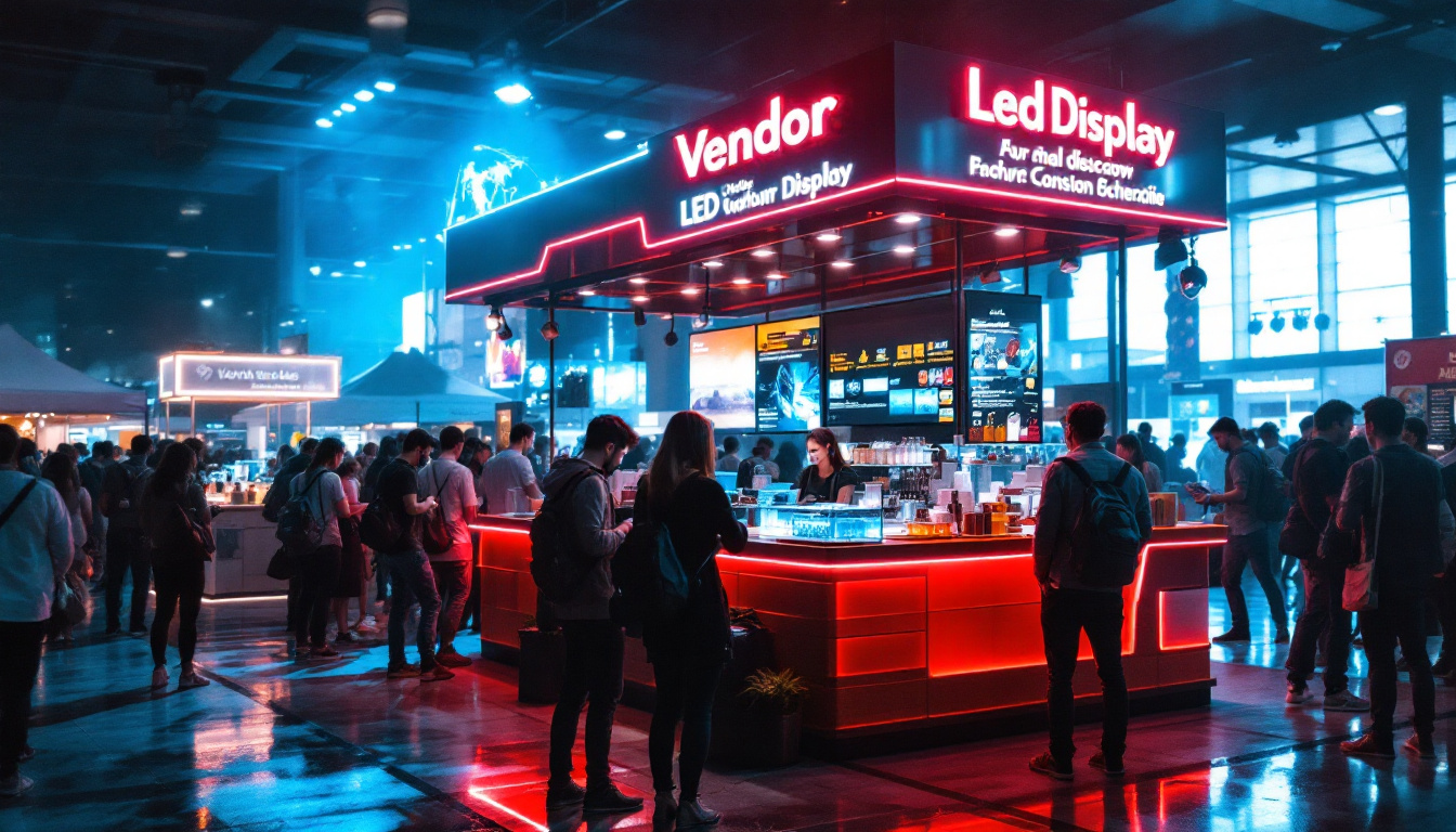 A photograph of a vibrant vendor display stand featuring an eye-catching led display in a bustling market or event setting