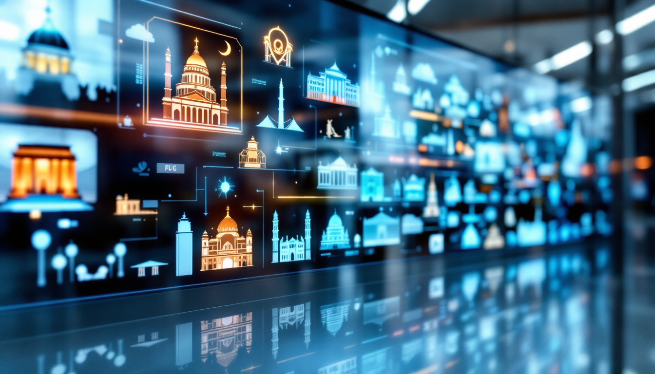 A photograph of a modern led display showcasing various types of government structures and symbols