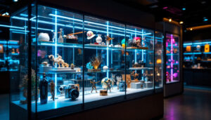 A photograph of a sleek glass display case illuminated by vibrant led lights