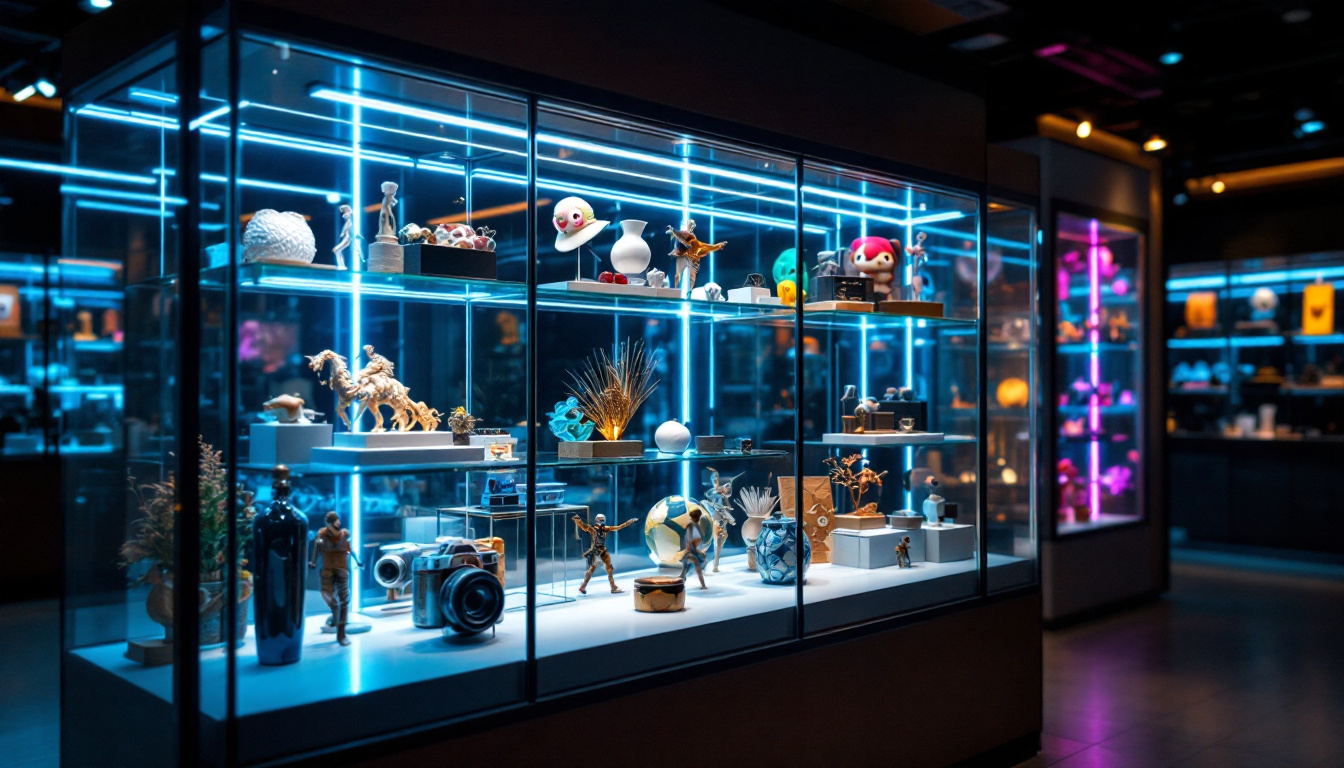 A photograph of a sleek glass display case illuminated by vibrant led lights