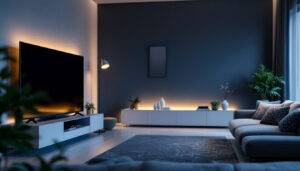 A photograph of a modern living room setup featuring an led tv at the optimal viewing distance