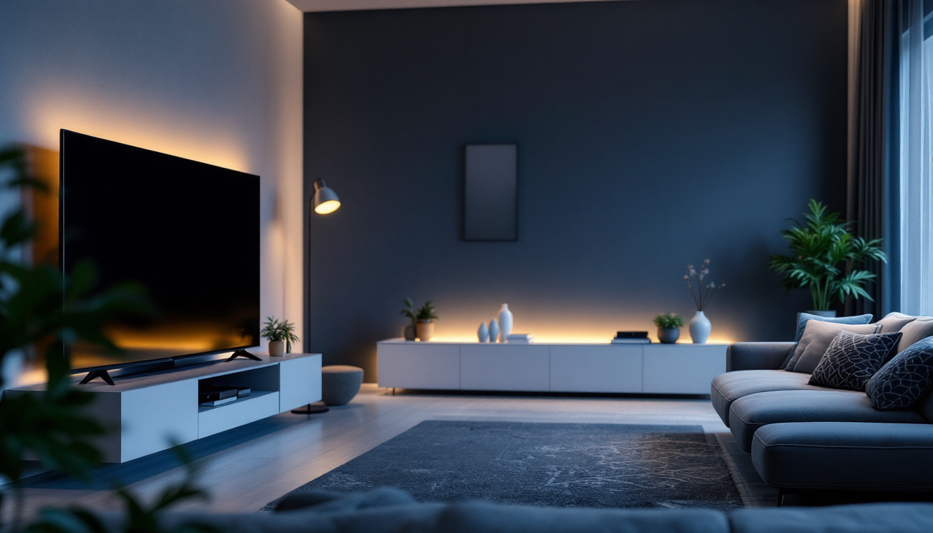 A photograph of a modern living room setup featuring an led tv at the optimal viewing distance