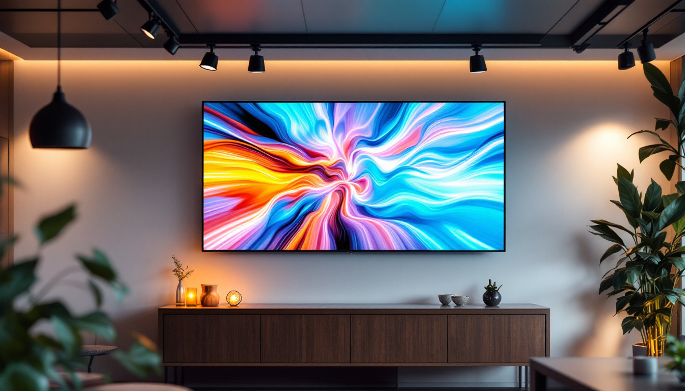 A photograph of capture a photograph of a modern led display mounted on a ceiling in a stylish interior setting