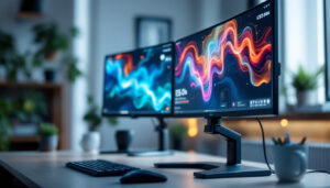 A photograph of capture a photograph of a sleek dual led monitor setup mounted on an adjustable stand