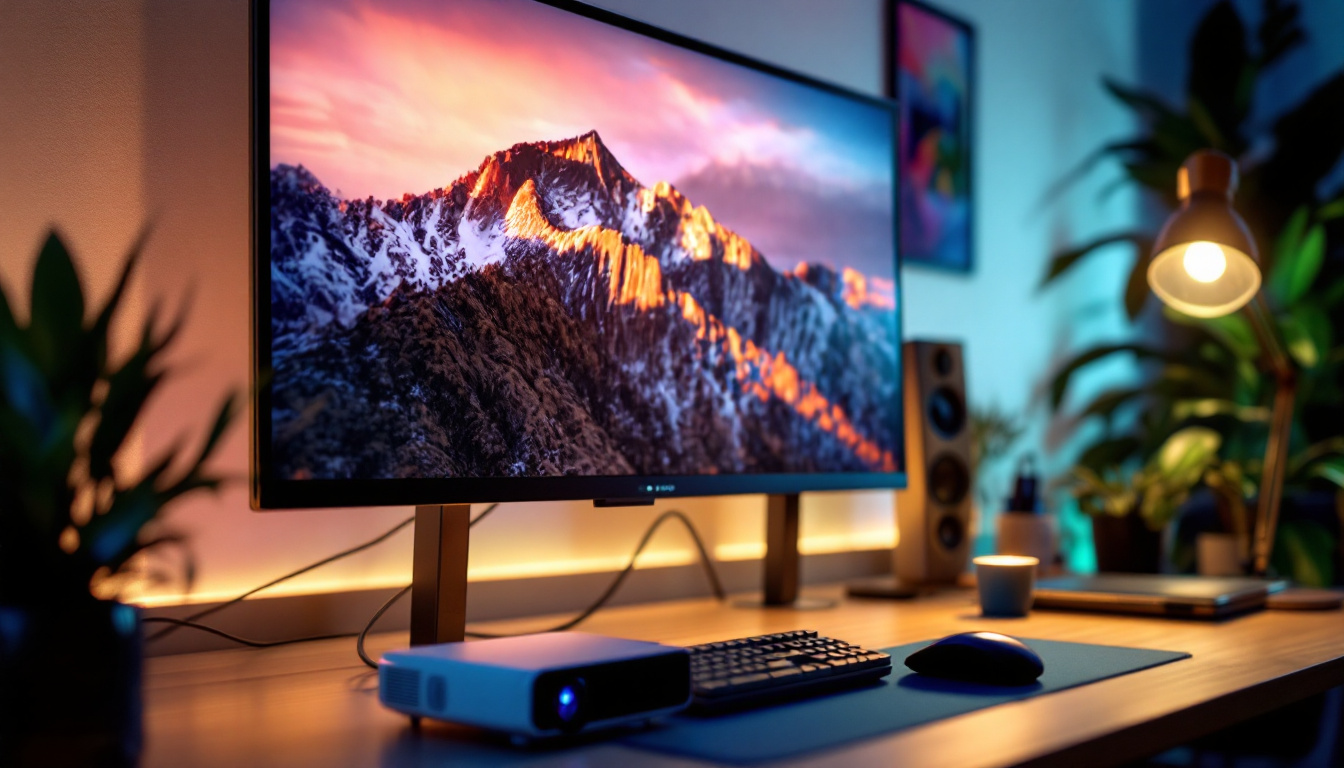 A photograph of a sleek desktop projector setup in a modern workspace