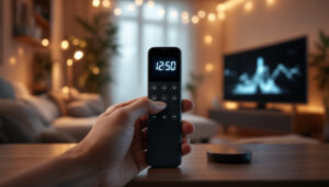 A photograph of a sleek touch screen remote control with an led display