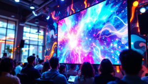 A photograph of a vibrant led display in a dynamic environment