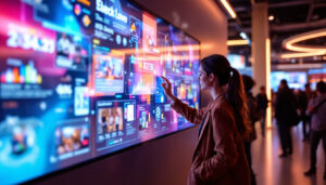 A photograph of a vibrant large touchscreen display in use