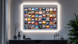 A photograph of a stylish wall-mounted photo rack featuring an array of vibrant prints illuminated by soft led lighting