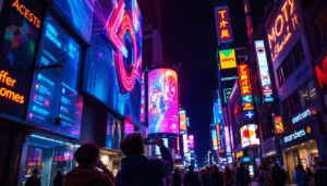 A photograph of a vibrant led sign in a bustling urban setting at night