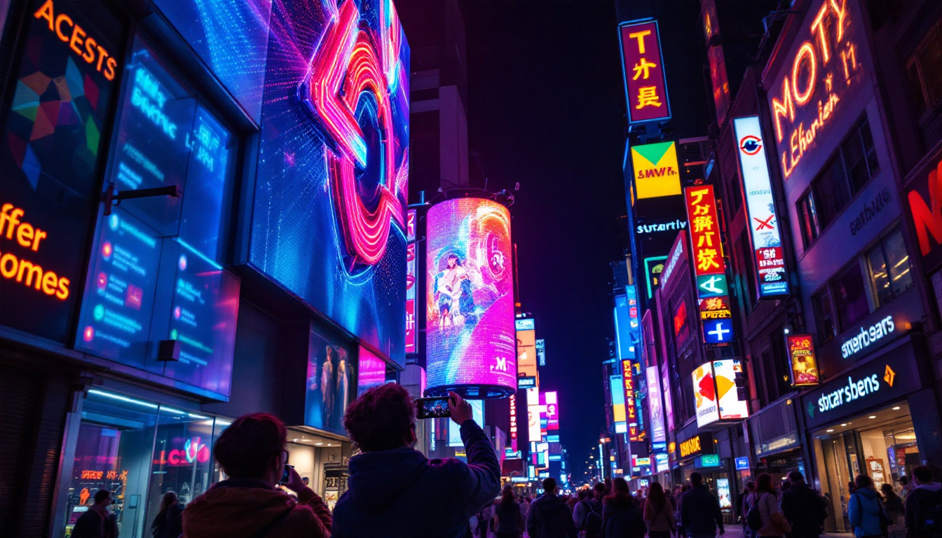 A photograph of a vibrant led sign in a bustling urban setting at night