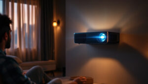 A photograph of a well-mounted projector on a wall in a cozy home theater setting