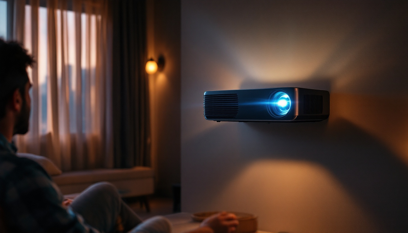 A photograph of a well-mounted projector on a wall in a cozy home theater setting