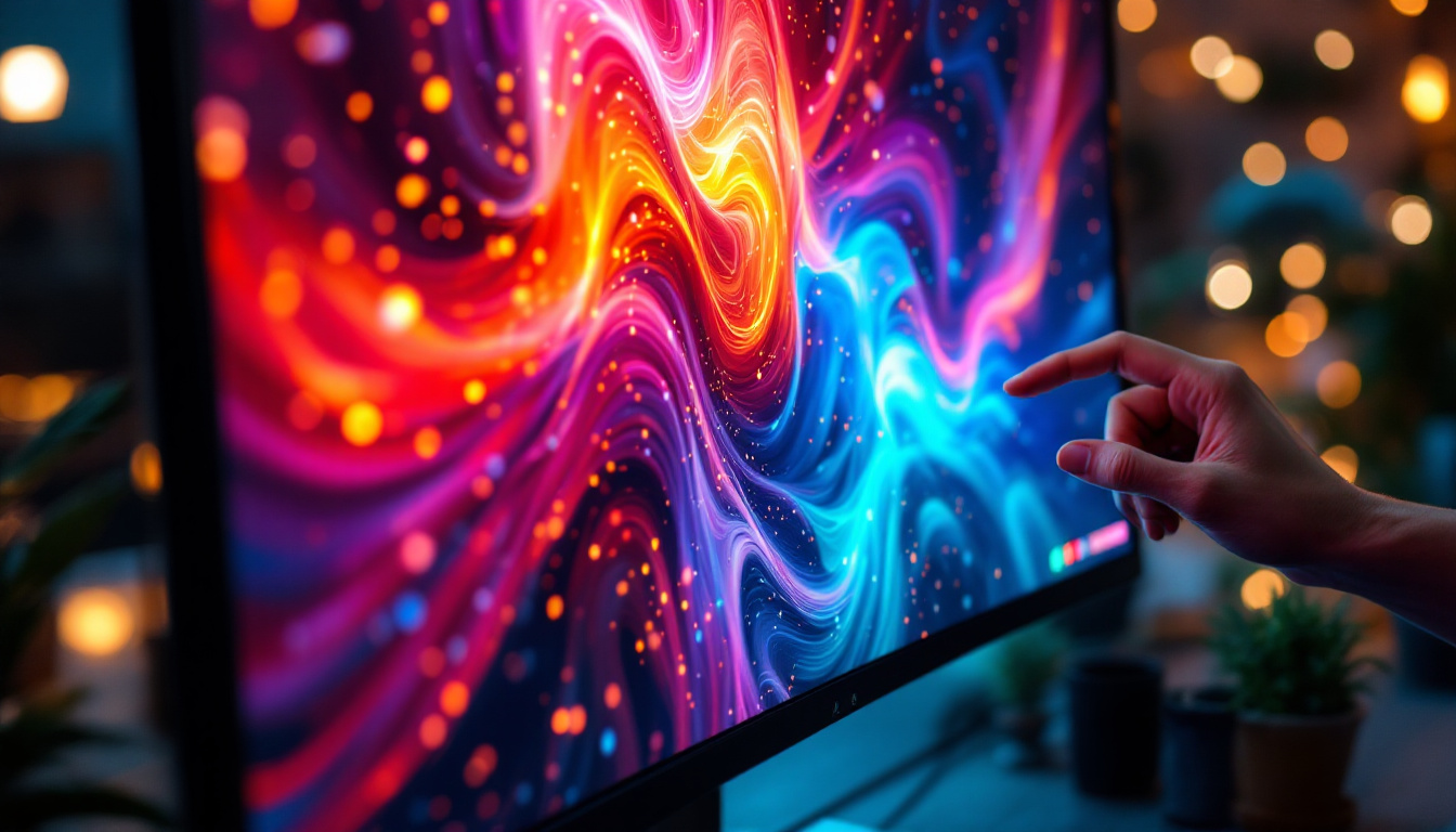 A photograph of a close-up shot of a vibrant led monitor displaying a visually striking image