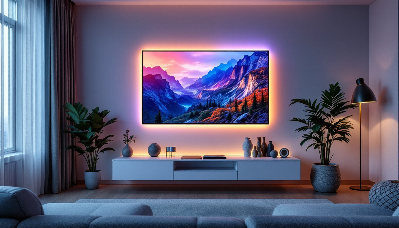 A photograph of a modern living room featuring a sleek panel tv mounted on the wall