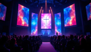 A photograph of a vibrant church interior featuring a large