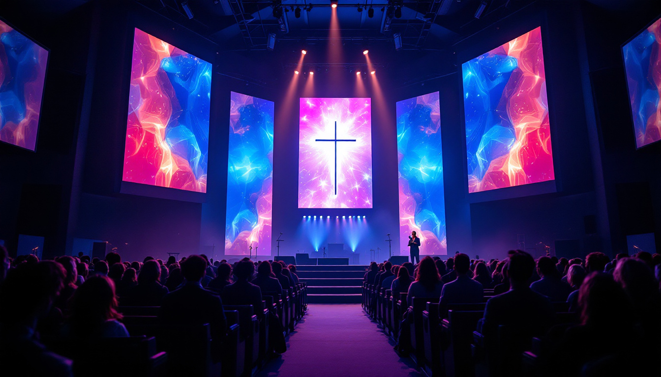 A photograph of a vibrant church interior featuring a large