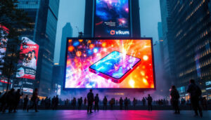 A photograph of capture a photograph of a vibrant large led display screen in an urban setting