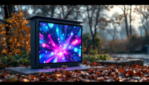 A photograph of a weatherproof outdoor display box showcasing a vibrant led screen in a natural outdoor setting
