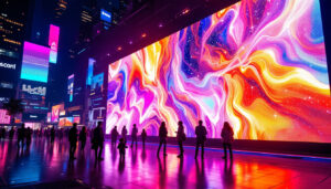 A photograph of a vibrant led display in an urban setting