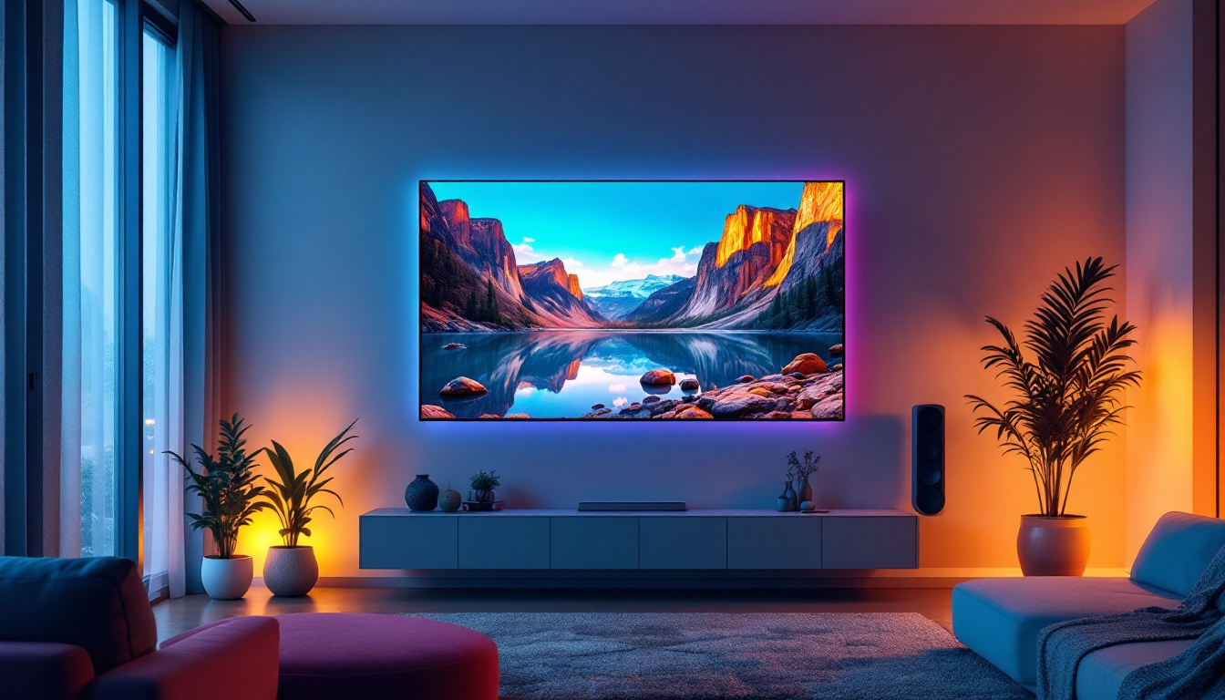 A photograph of a modern living room featuring a large wall-mounted led screen tv displaying vibrant