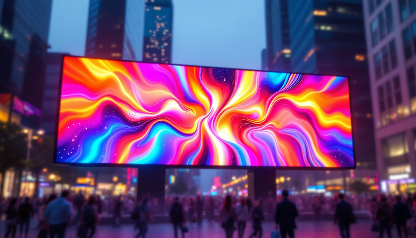 A photograph of a vibrant led display panel in an urban setting